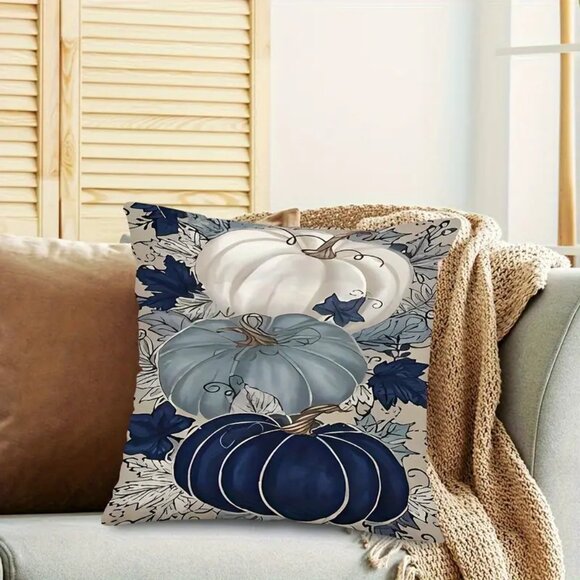 Contemporary Thanksgiving Fall Pillow Cases - Set of 2 - Blue Pumpkins - Picture 3 of 4